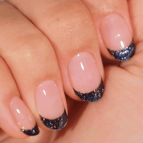 French manicure glossy Chrome glitter tips for night out mani using gel polish stickers