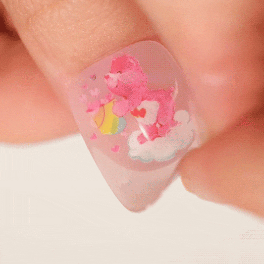 carebear manicure using gel polish stickers with pink and white clouds by moyou