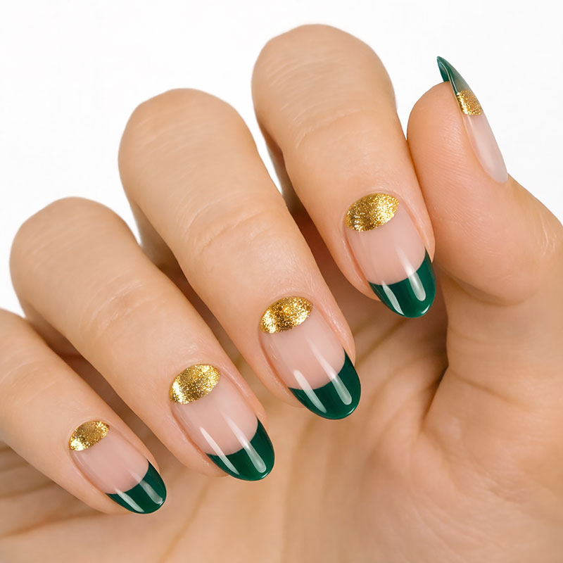 Gold nail designs featuring MoYou London green and gold gel nail strip art