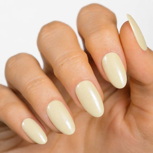 Moonlit Pearl gel nail strip on hand — luminous pearl glaze nail finish by MoYou London
