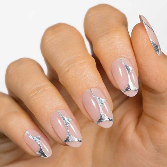 French manicure at home guide featuring MoYou London silver and lavender gel nail art designs