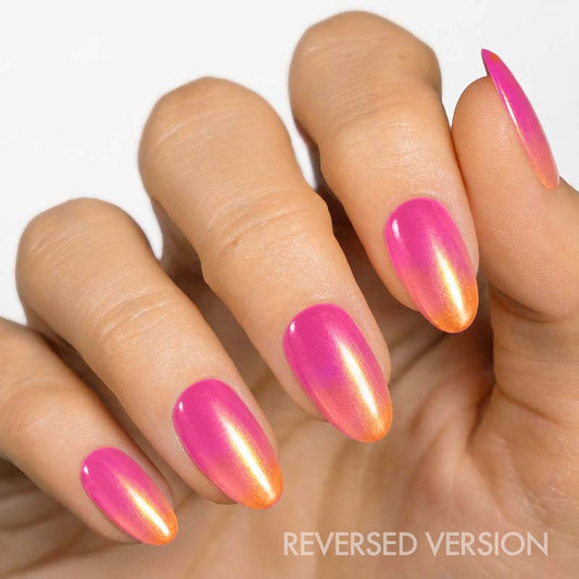 Stunning red and pink gel nail strips design on hand showcasing MoYou London nail art