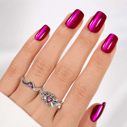 Hot Metallic gel press-on nails on hand — modern alternative to acrylic nails by MoYou London