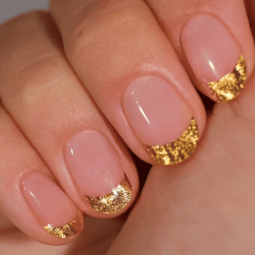French manicure golden tips using gel polish stickers for strong and healthy nails 