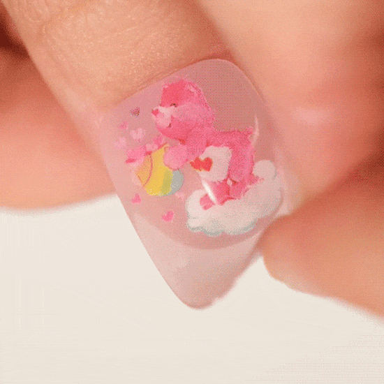 carebear manicure using gel polish stickers with pink and white clouds by moyou
