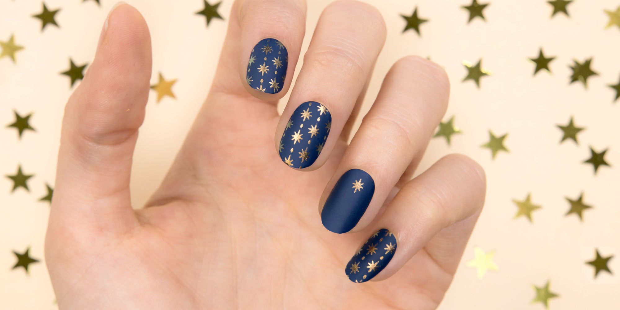Blue and Gold Stars Nail Stamping Manicure