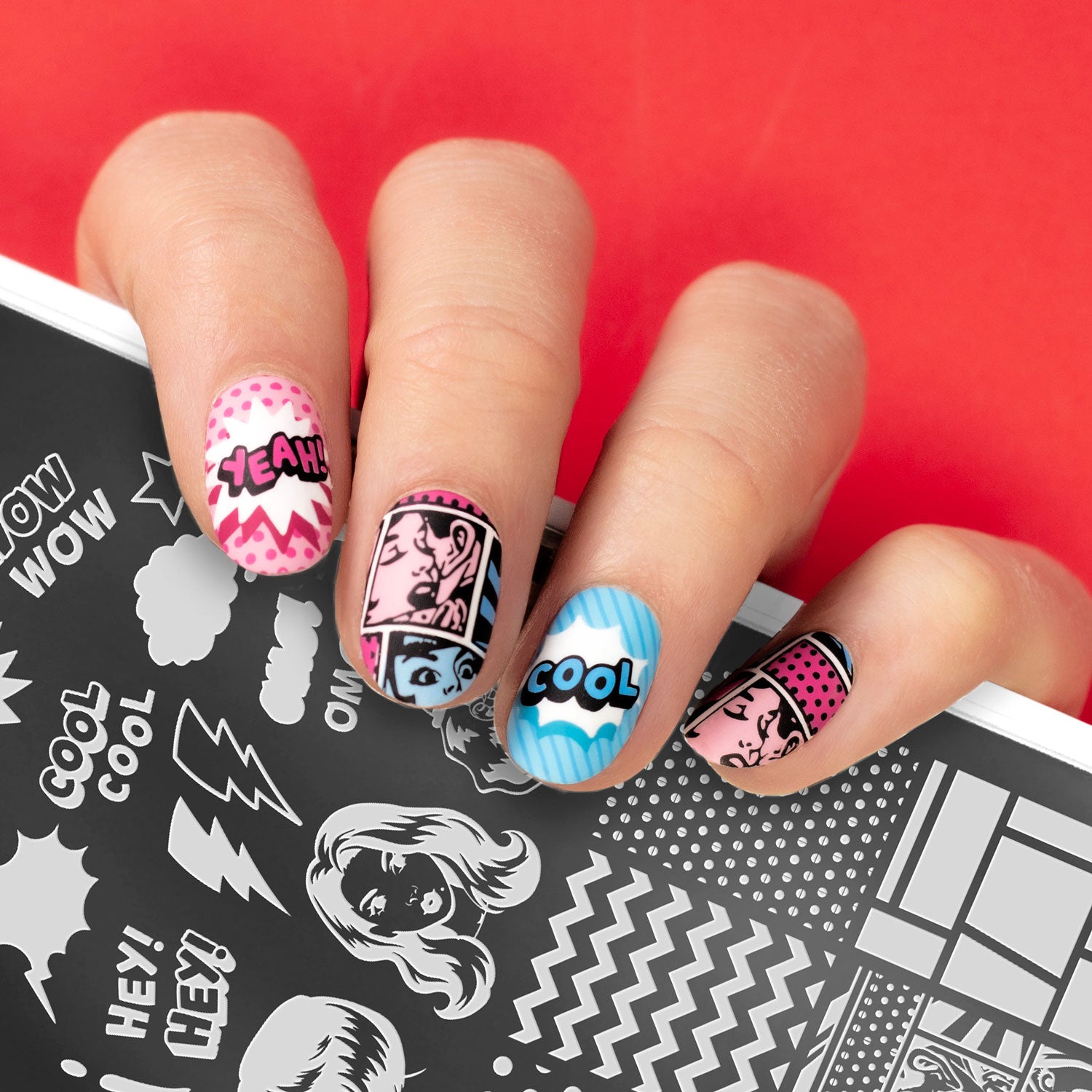 Pink and Blue Comic Nails