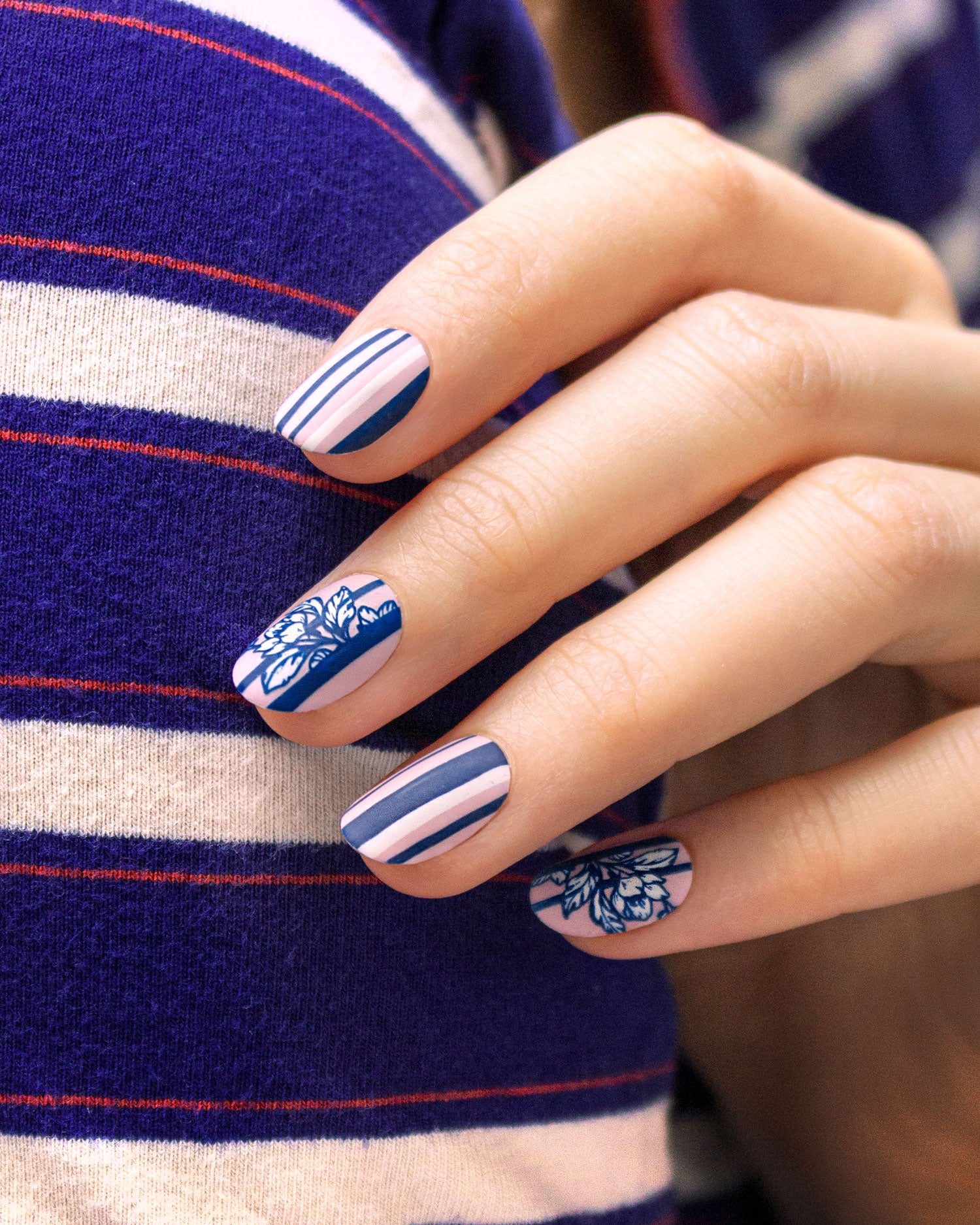 Pink and Blue Stripes Floral Manicure