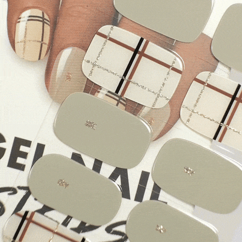 plaid manicure for winter using gel polish stickers for strong and healthy nails