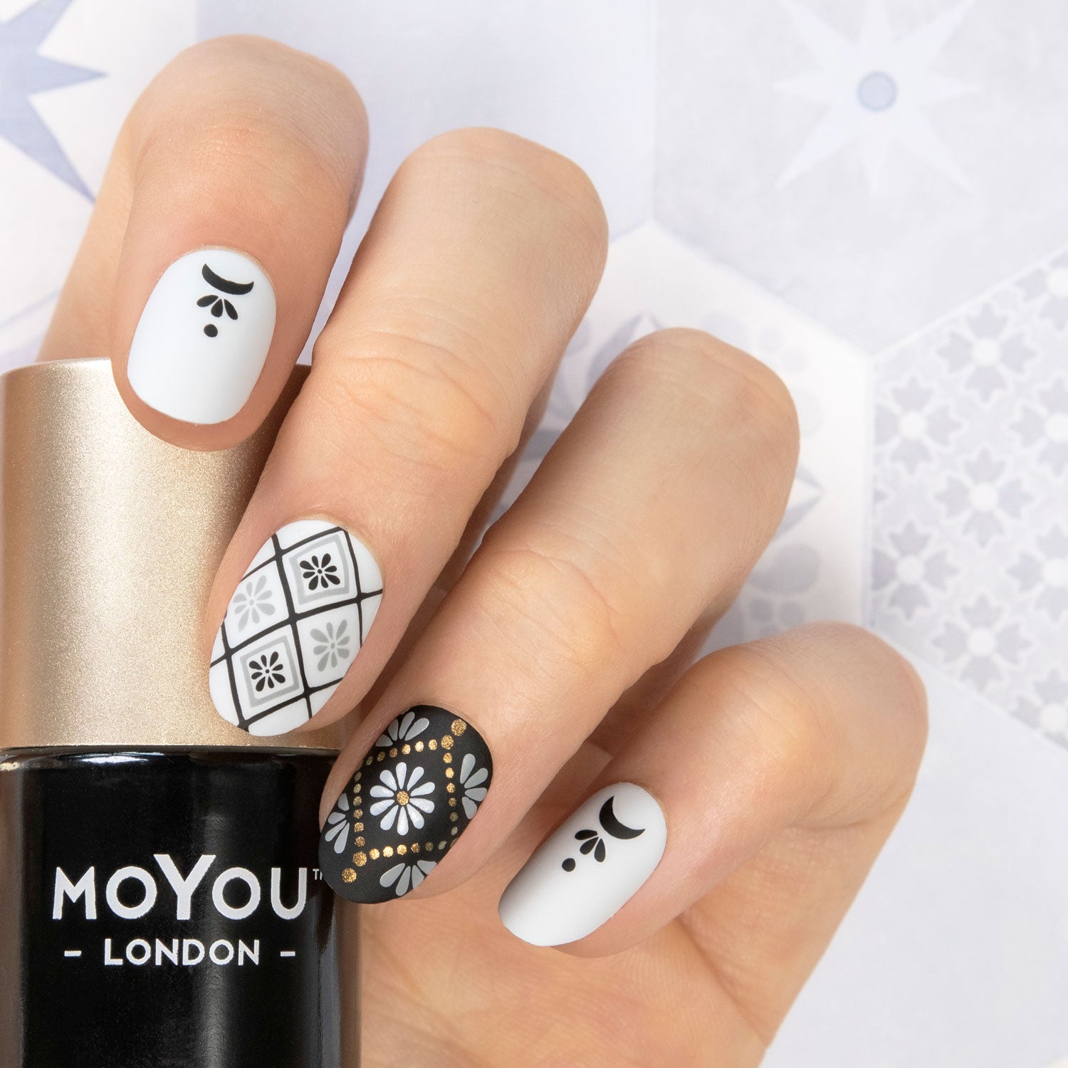 Monochrome Elegant Mexican Stamping Nail Art Manicure