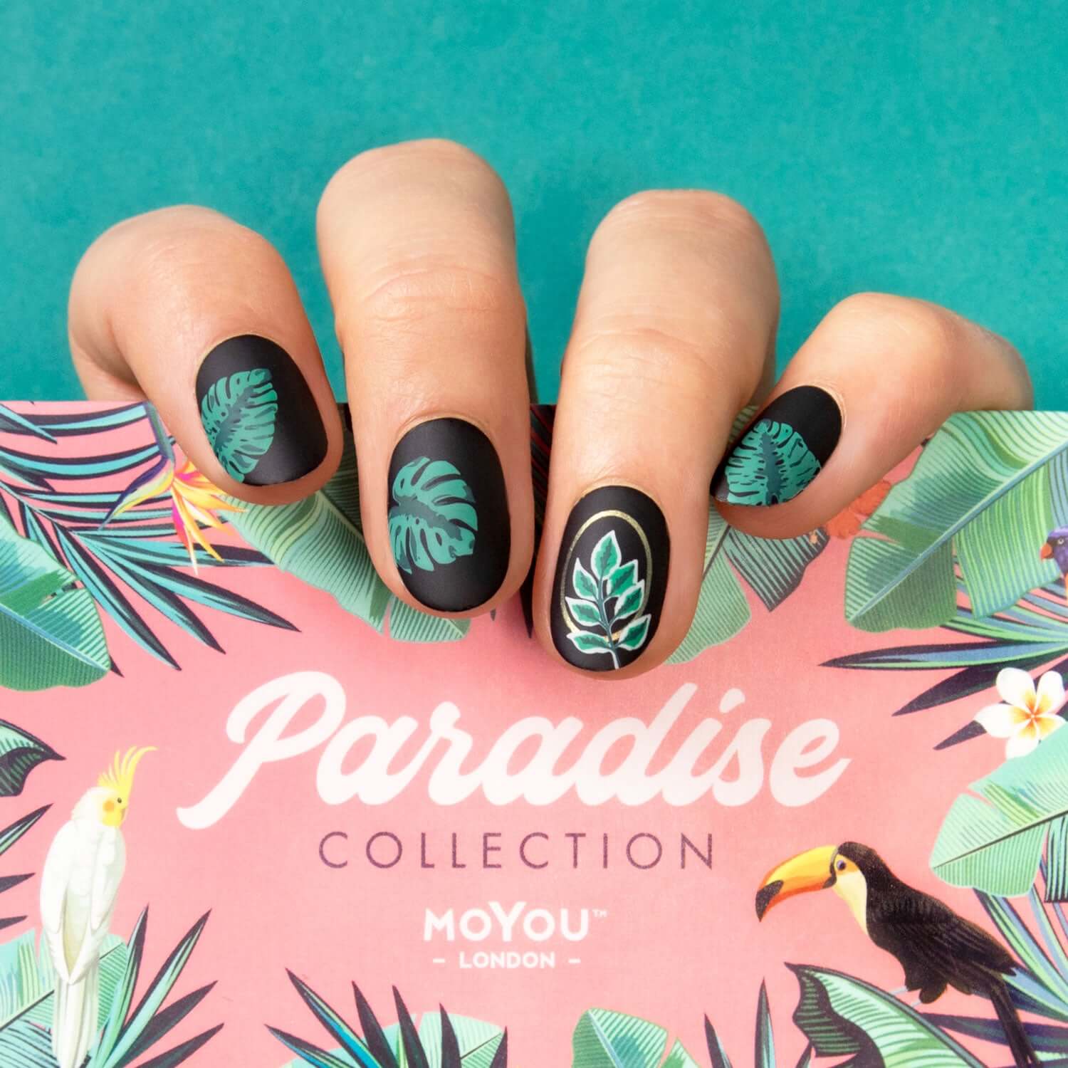 Elegant tropical stamping nail art manicure