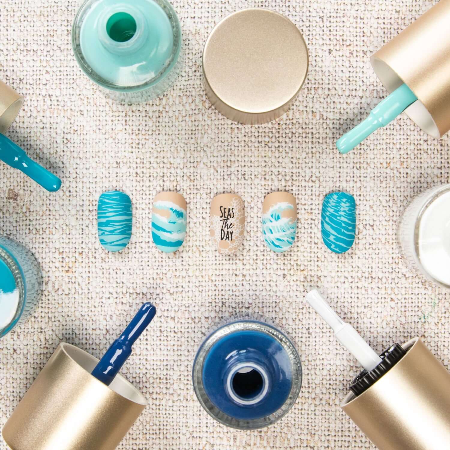 Blue sea beach stamping nail art manicure