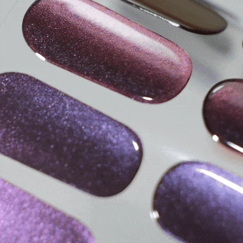 purple glitter manicure using gel polish stickers for healthy nails