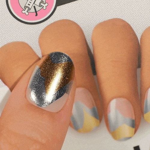 Nail artist nailjob manicure using gel polish stickers by moyou with sliver and gold effect