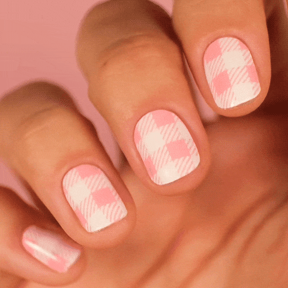picnic style manicure using gel polish stickers by moyou pink and white pastels