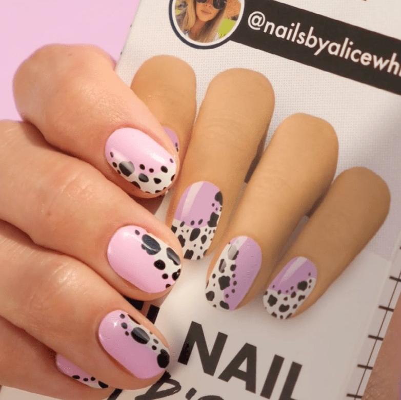 cow pattern manicure with purple lilac gel polish stickers by moyou 