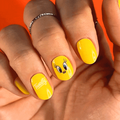 Tweety manicure using gel polish stickers for healthy and strong nails by MoYou London
